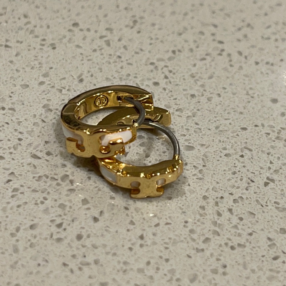 Tory Burch white enamel huggie earrings